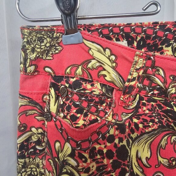 Hot Kiss Skinny Lily Pink Yellow Baroque Leopard Chain Print Jeans Retro Y2K 9 - Picture 3 of 16